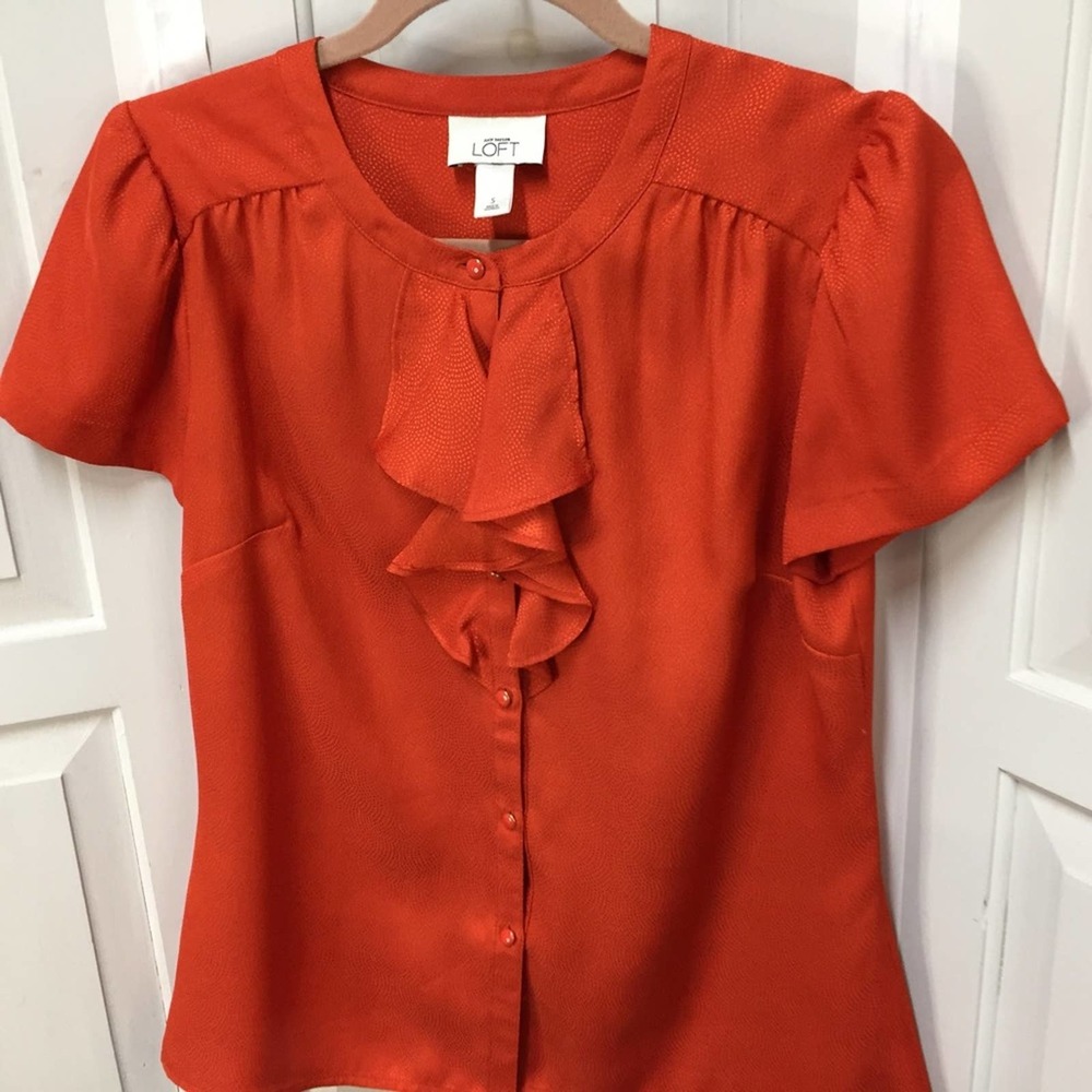 LOFT Orange Button Down Blouse w/ Ruffle Detail - Picture 10 of 16